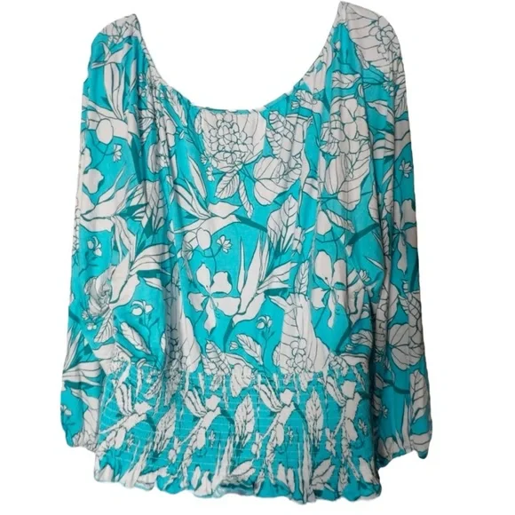 LANE BRYANT Vibrant Soft Stretch Floral Smocked Top in Teal/White  Size 18/20 - Picture 4 of 8